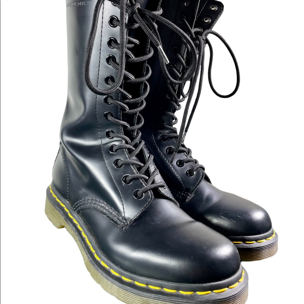 Dr. Martens Black Leather Lace-Up Combat Boots with Yellow Stitching